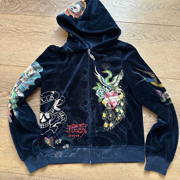 Ed Hardy Tops - Y2K - Ed Hardy Full Zip Navy Velour Hoodie